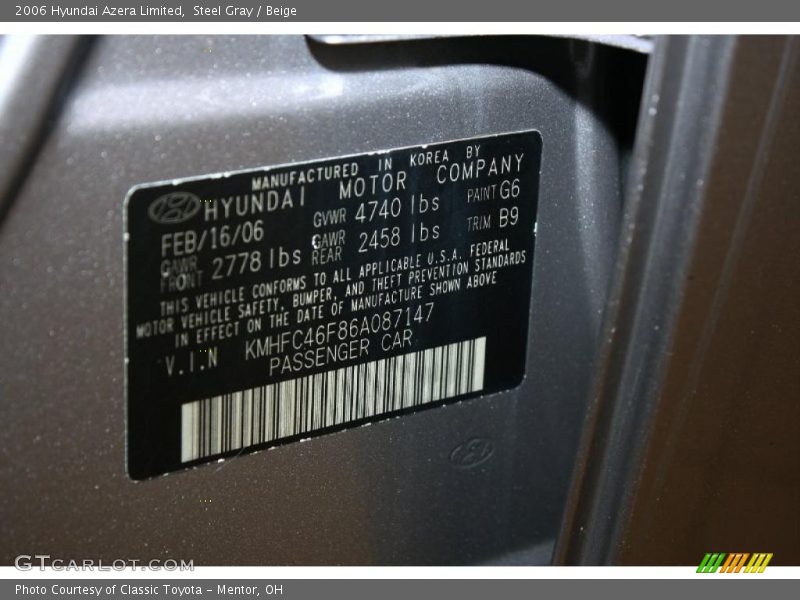 Steel Gray / Beige 2006 Hyundai Azera Limited