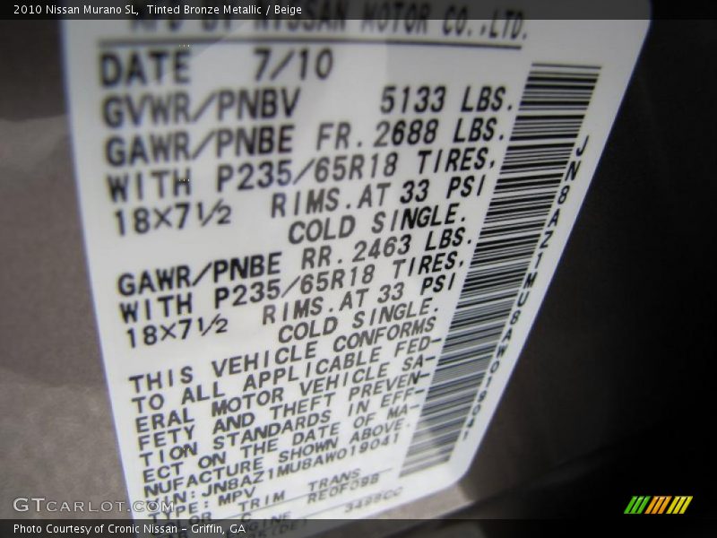Tinted Bronze Metallic / Beige 2010 Nissan Murano SL