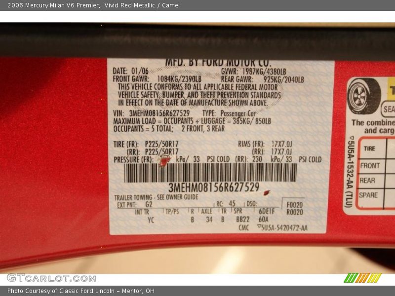 Vivid Red Metallic / Camel 2006 Mercury Milan V6 Premier