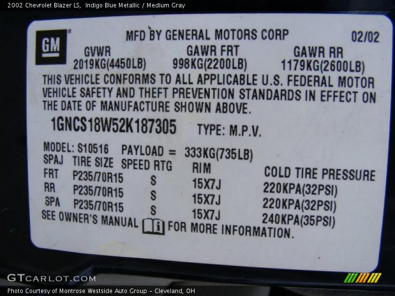 Indigo Blue Metallic / Medium Gray 2002 Chevrolet Blazer LS