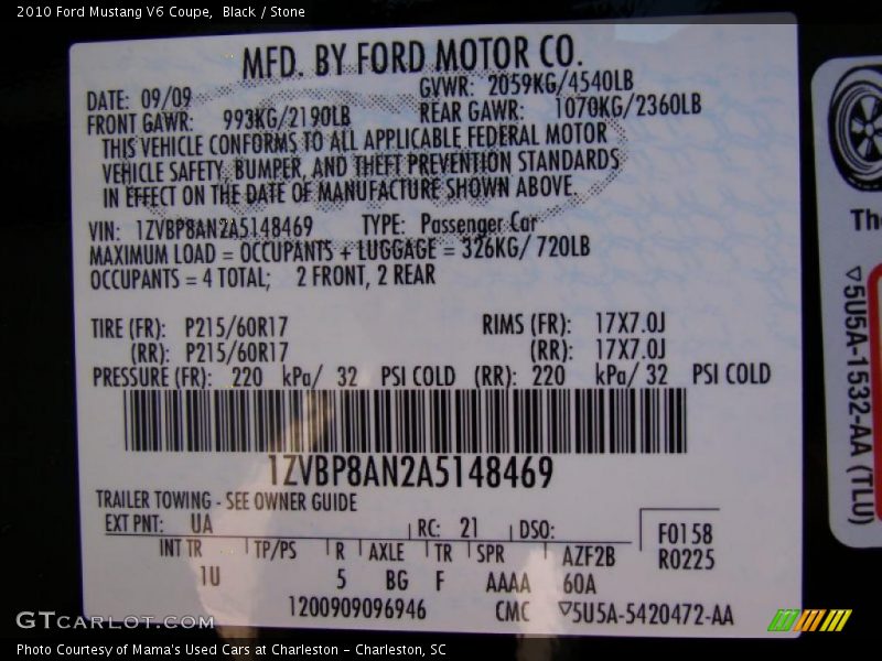 2010 Mustang V6 Coupe Black Color Code UA