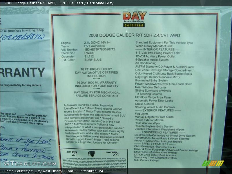 Surf Blue Pearl / Dark Slate Gray 2008 Dodge Caliber R/T AWD