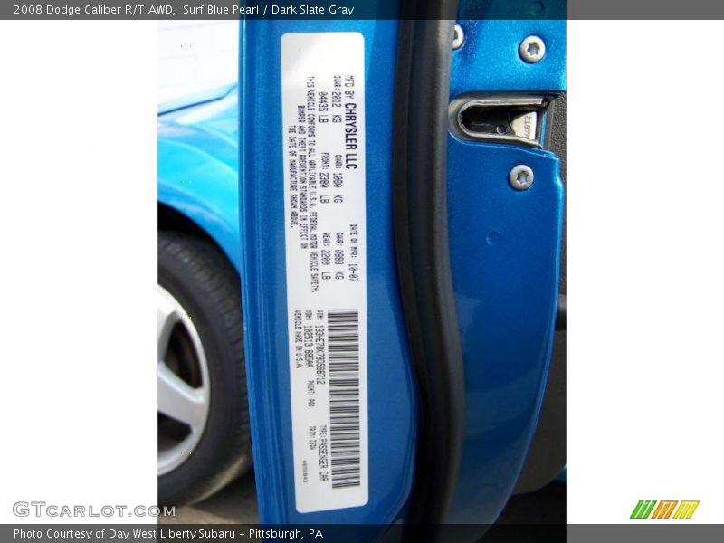 Surf Blue Pearl / Dark Slate Gray 2008 Dodge Caliber R/T AWD