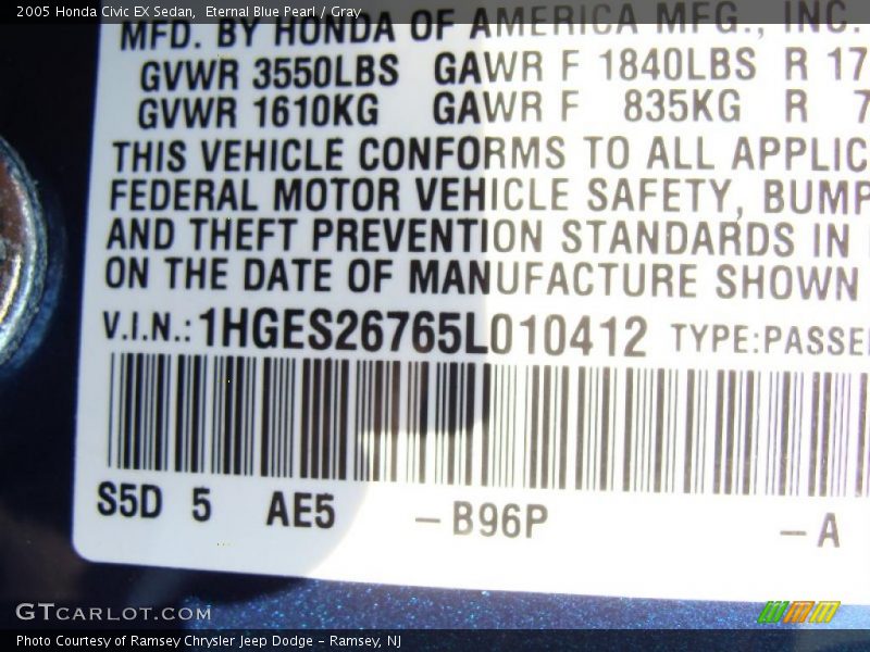 Eternal Blue Pearl / Gray 2005 Honda Civic EX Sedan
