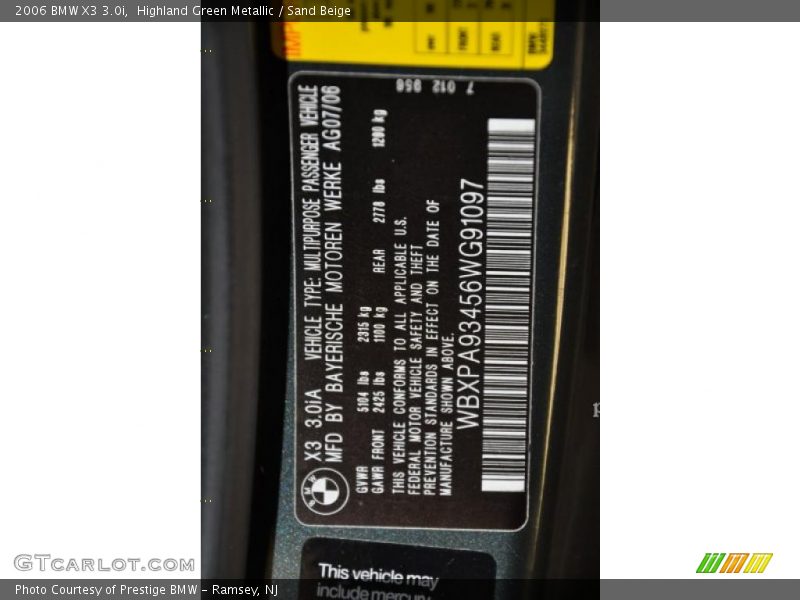 Highland Green Metallic / Sand Beige 2006 BMW X3 3.0i