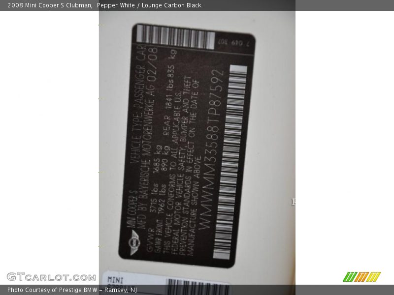 Pepper White / Lounge Carbon Black 2008 Mini Cooper S Clubman