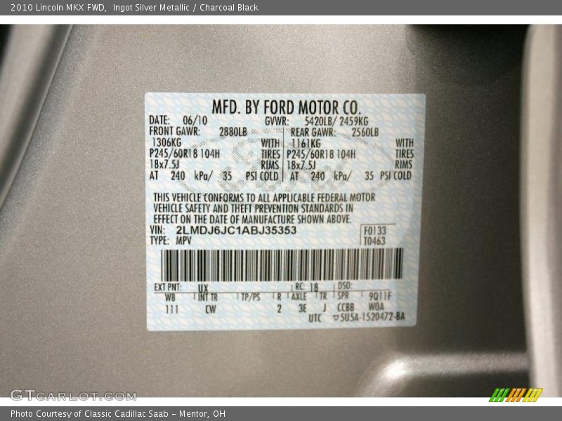 Ingot Silver Metallic / Charcoal Black 2010 Lincoln MKX FWD