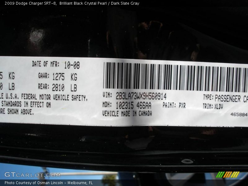 Brilliant Black Crystal Pearl / Dark Slate Gray 2009 Dodge Charger SRT-8