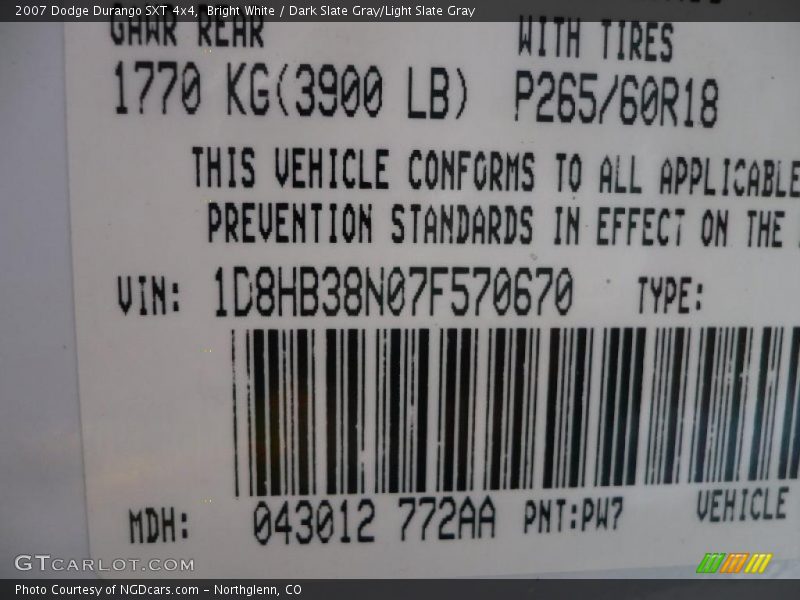 2007 Durango SXT 4x4 Bright White Color Code PW7