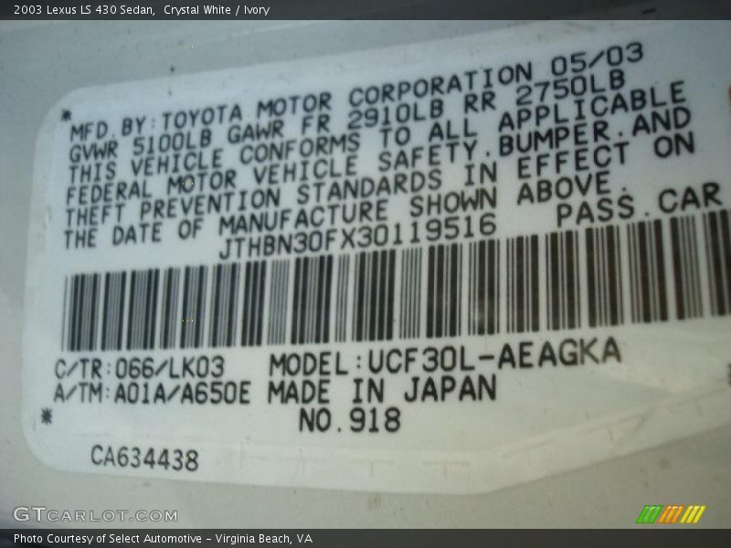 Crystal White / Ivory 2003 Lexus LS 430 Sedan