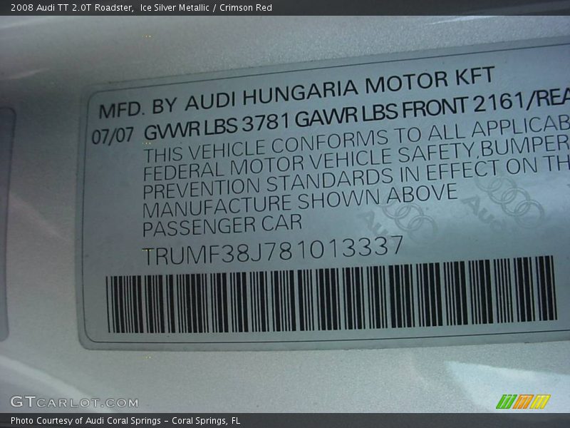 Ice Silver Metallic / Crimson Red 2008 Audi TT 2.0T Roadster