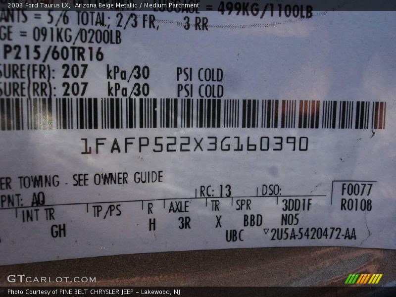 Arizona Beige Metallic / Medium Parchment 2003 Ford Taurus LX
