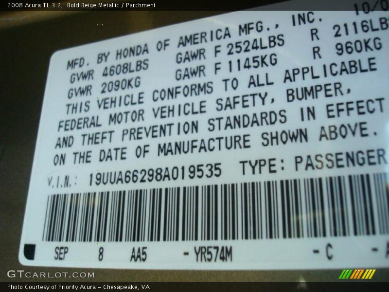 Bold Beige Metallic / Parchment 2008 Acura TL 3.2