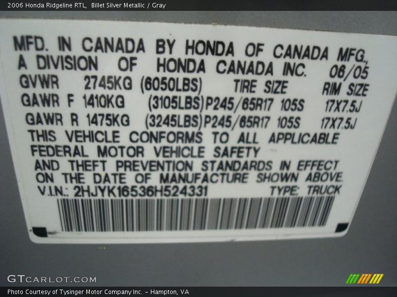 Billet Silver Metallic / Gray 2006 Honda Ridgeline RTL