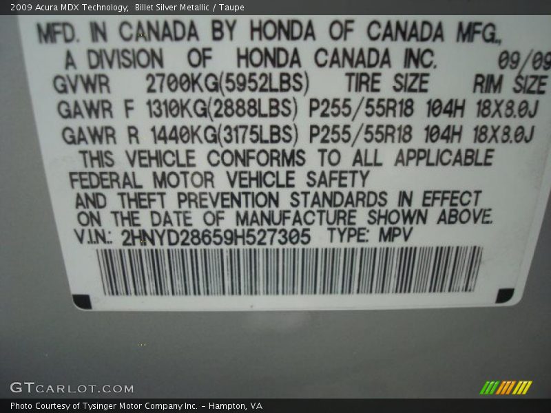 Billet Silver Metallic / Taupe 2009 Acura MDX Technology