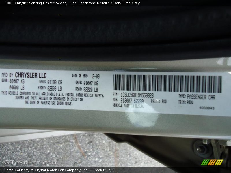 Light Sandstone Metallic / Dark Slate Gray 2009 Chrysler Sebring Limited Sedan