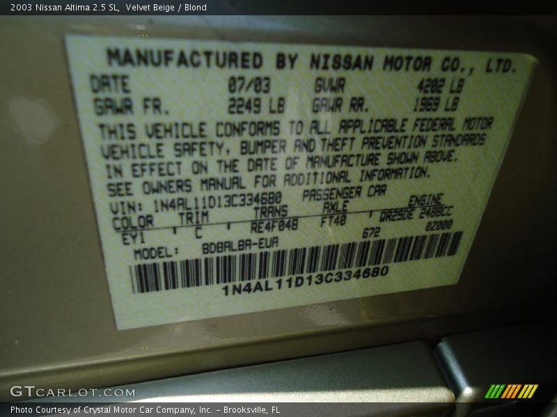 Velvet Beige / Blond 2003 Nissan Altima 2.5 SL