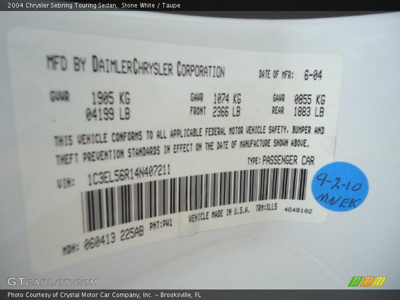 Stone White / Taupe 2004 Chrysler Sebring Touring Sedan