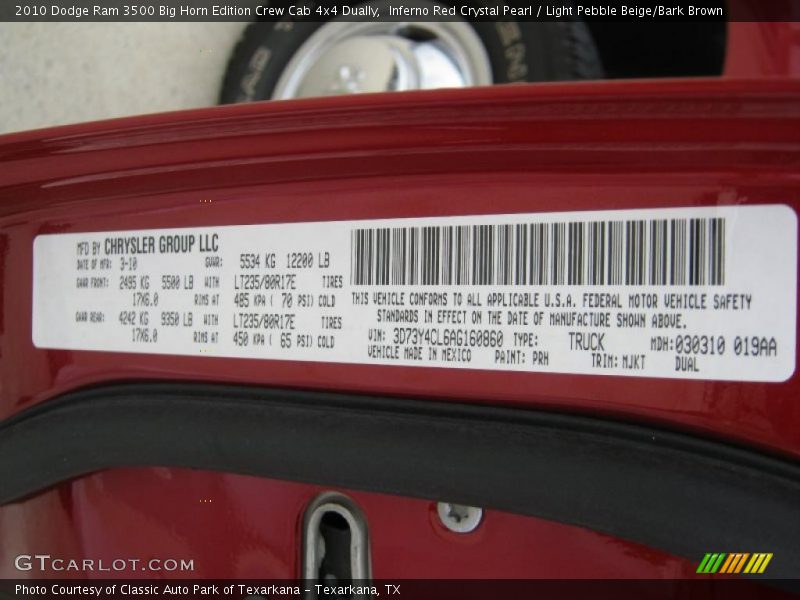 Inferno Red Crystal Pearl / Light Pebble Beige/Bark Brown 2010 Dodge Ram 3500 Big Horn Edition Crew Cab 4x4 Dually