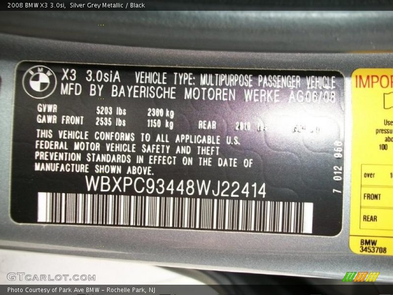 Silver Grey Metallic / Black 2008 BMW X3 3.0si
