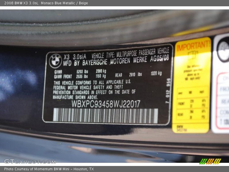 Monaco Blue Metallic / Beige 2008 BMW X3 3.0si