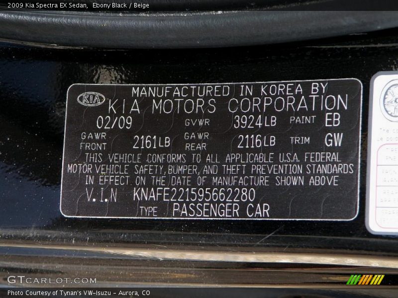 Ebony Black / Beige 2009 Kia Spectra EX Sedan