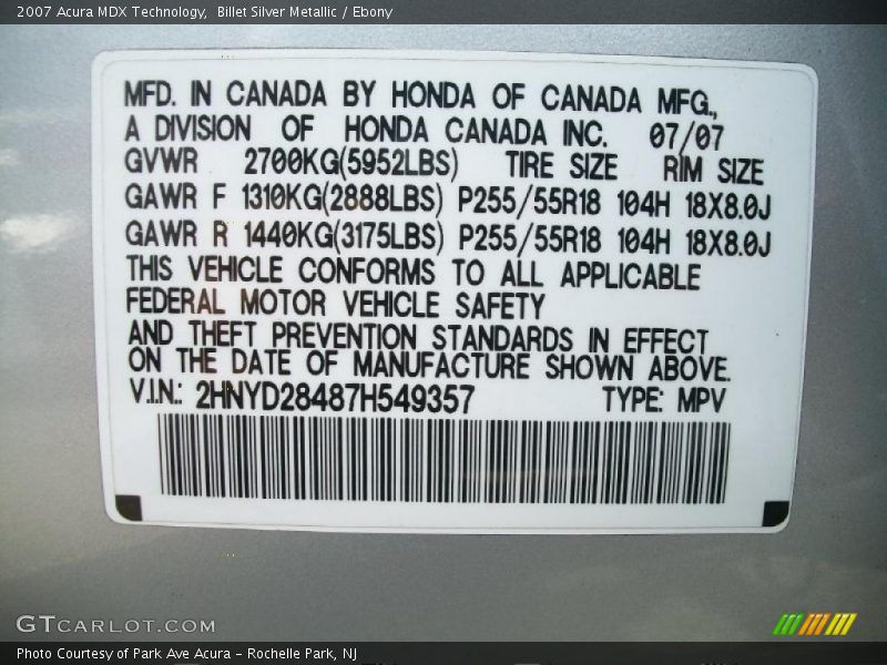 Billet Silver Metallic / Ebony 2007 Acura MDX Technology