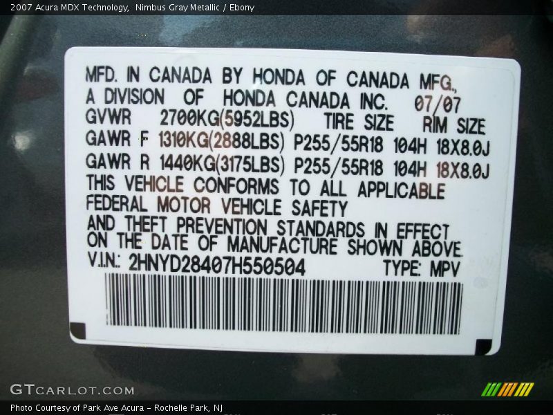 Nimbus Gray Metallic / Ebony 2007 Acura MDX Technology