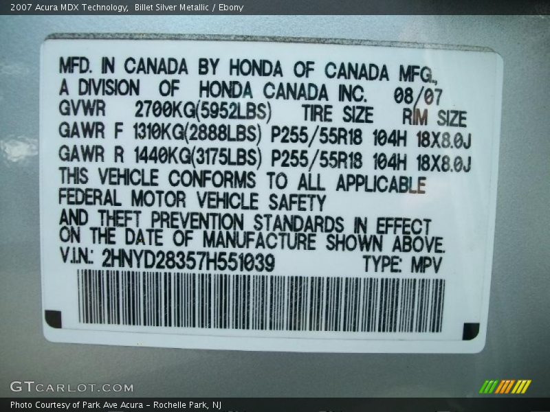 Billet Silver Metallic / Ebony 2007 Acura MDX Technology