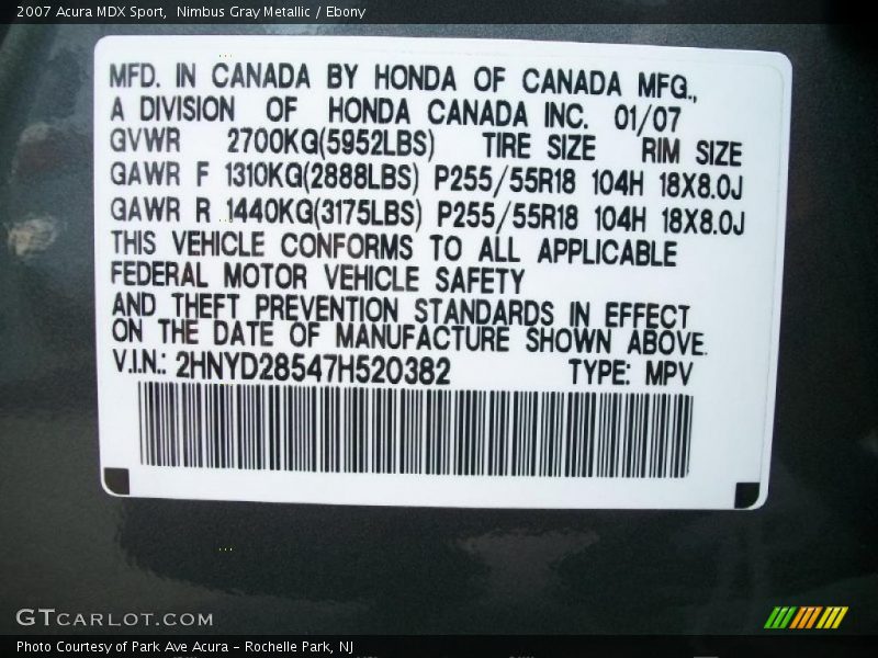 Nimbus Gray Metallic / Ebony 2007 Acura MDX Sport