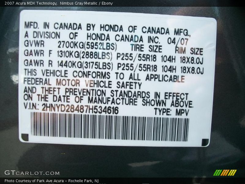 Nimbus Gray Metallic / Ebony 2007 Acura MDX Technology