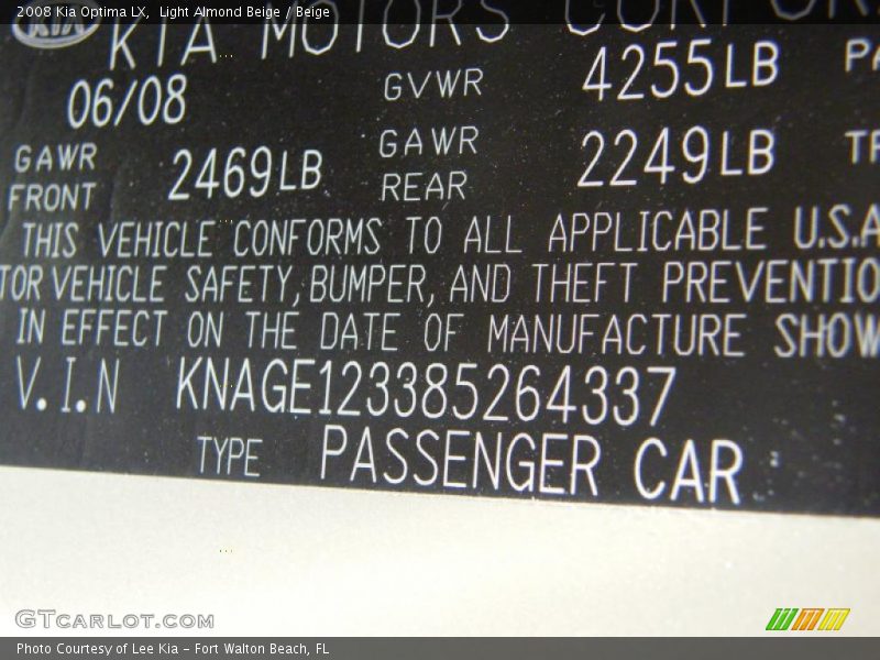 Light Almond Beige / Beige 2008 Kia Optima LX