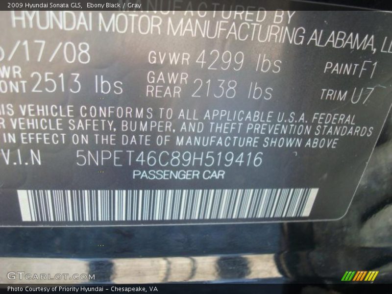 Ebony Black / Gray 2009 Hyundai Sonata GLS