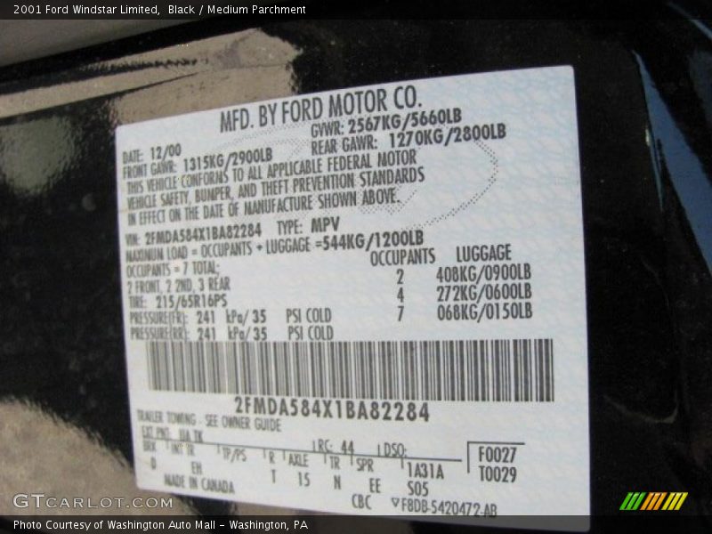 Black / Medium Parchment 2001 Ford Windstar Limited