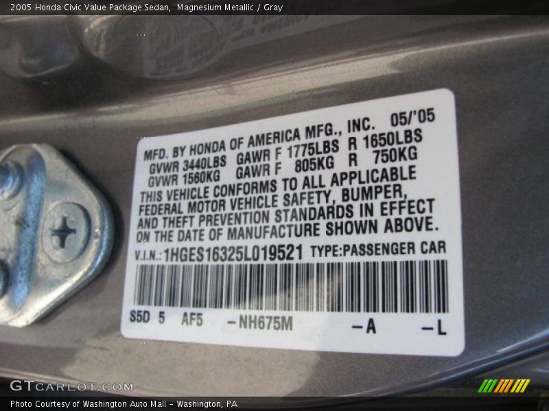 Magnesium Metallic / Gray 2005 Honda Civic Value Package Sedan