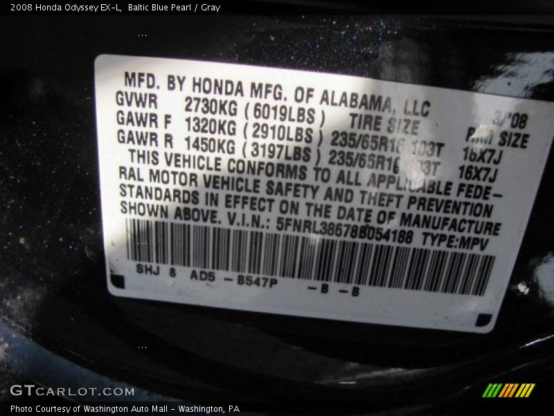 Baltic Blue Pearl / Gray 2008 Honda Odyssey EX-L