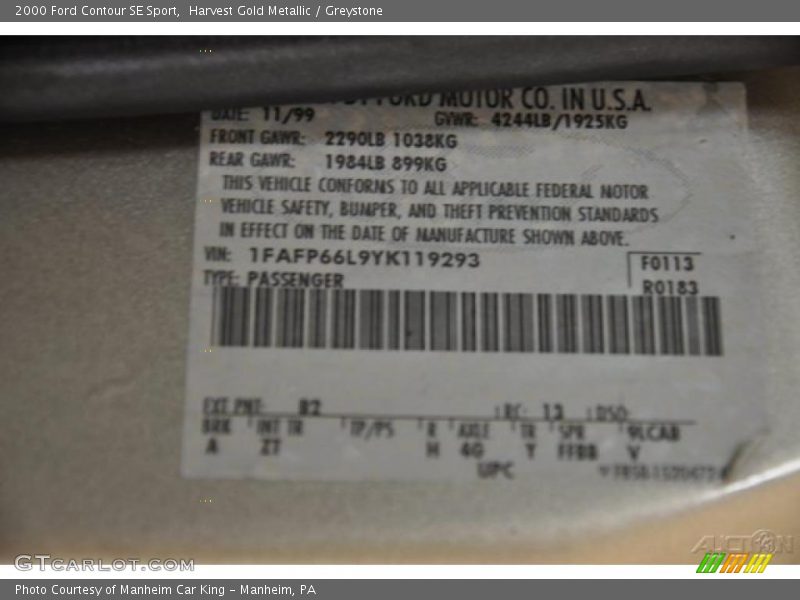 Harvest Gold Metallic / Greystone 2000 Ford Contour SE Sport