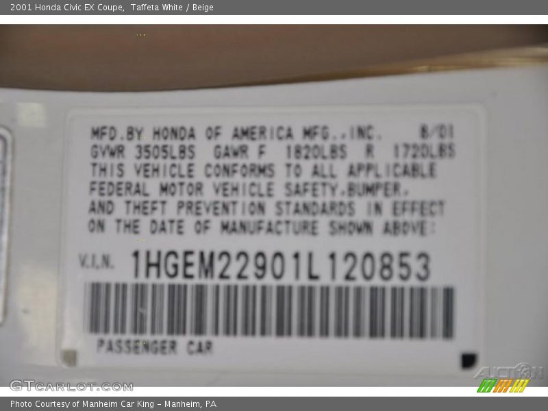 Taffeta White / Beige 2001 Honda Civic EX Coupe