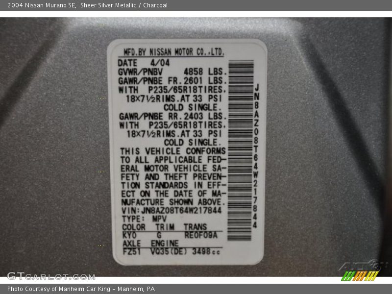 Sheer Silver Metallic / Charcoal 2004 Nissan Murano SE