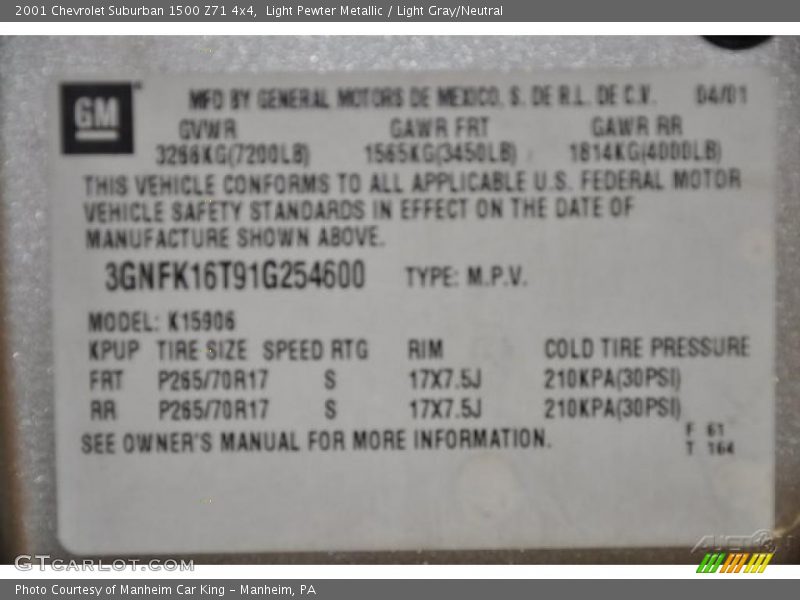 Light Pewter Metallic / Light Gray/Neutral 2001 Chevrolet Suburban 1500 Z71 4x4