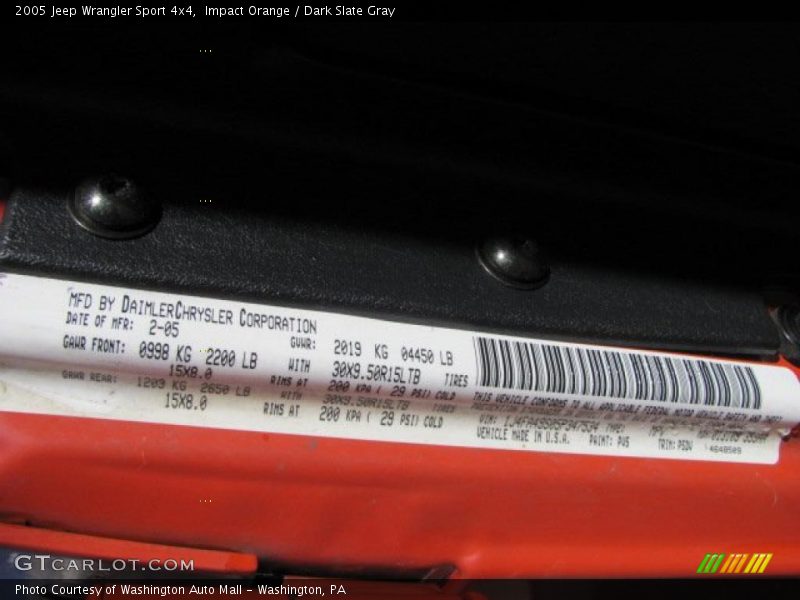 Impact Orange / Dark Slate Gray 2005 Jeep Wrangler Sport 4x4