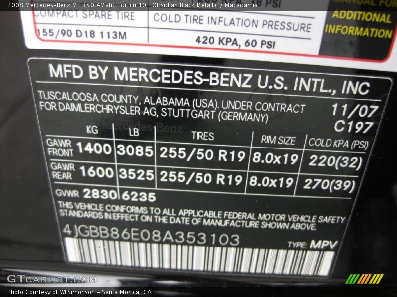 Obsidian Black Metallic / Macadamia 2008 Mercedes-Benz ML 350 4Matic Edition 10