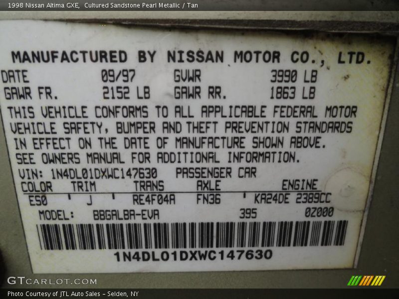 Cultured Sandstone Pearl Metallic / Tan 1998 Nissan Altima GXE