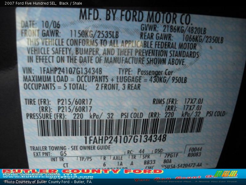 Black / Shale 2007 Ford Five Hundred SEL