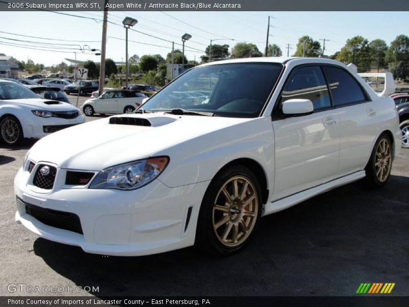 Aspen White / Anthracite Black/Blue Alcantara 2006 Subaru Impreza WRX STi