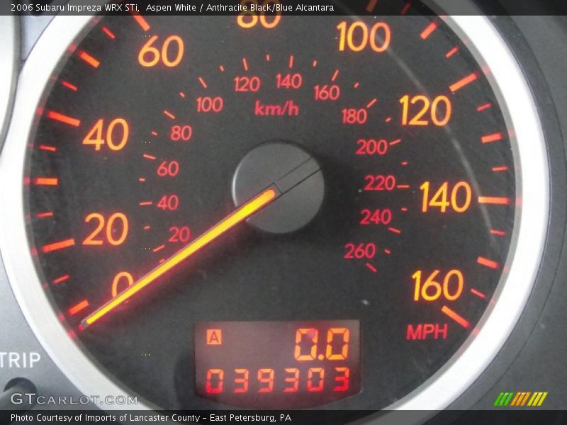 Aspen White / Anthracite Black/Blue Alcantara 2006 Subaru Impreza WRX STi