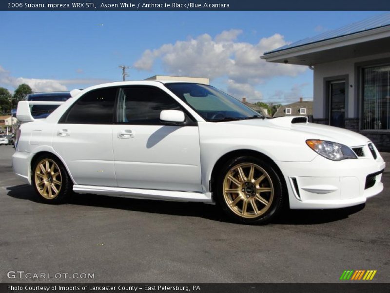 Aspen White / Anthracite Black/Blue Alcantara 2006 Subaru Impreza WRX STi