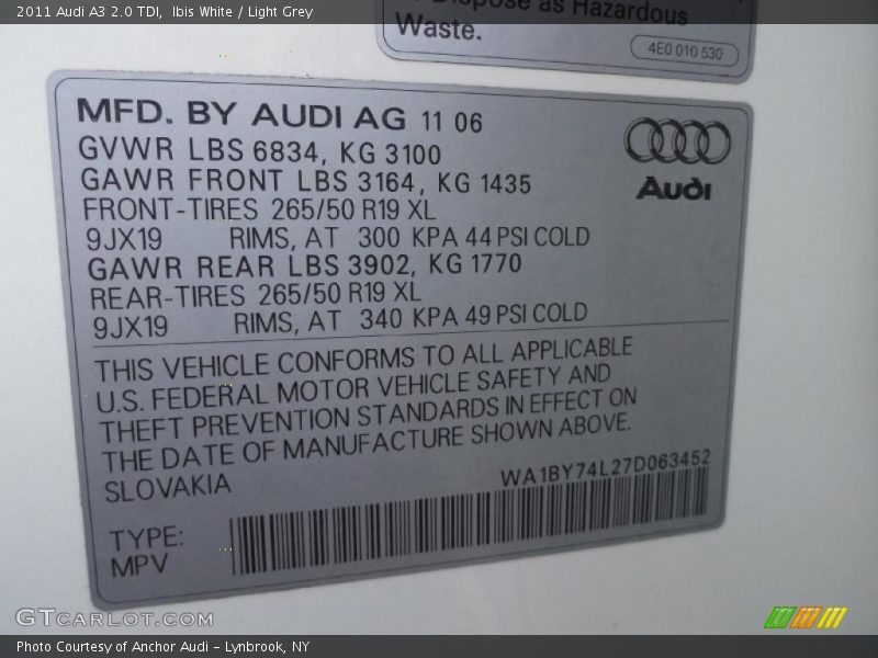Ibis White / Light Grey 2011 Audi A3 2.0 TDI
