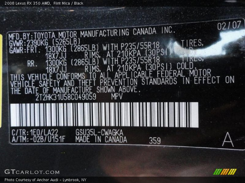 Flint Mica / Black 2008 Lexus RX 350 AWD