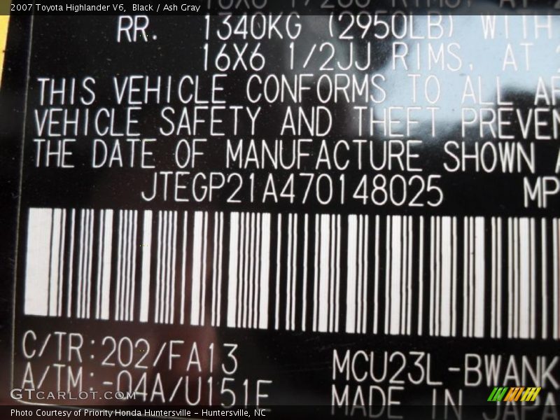 Black / Ash Gray 2007 Toyota Highlander V6